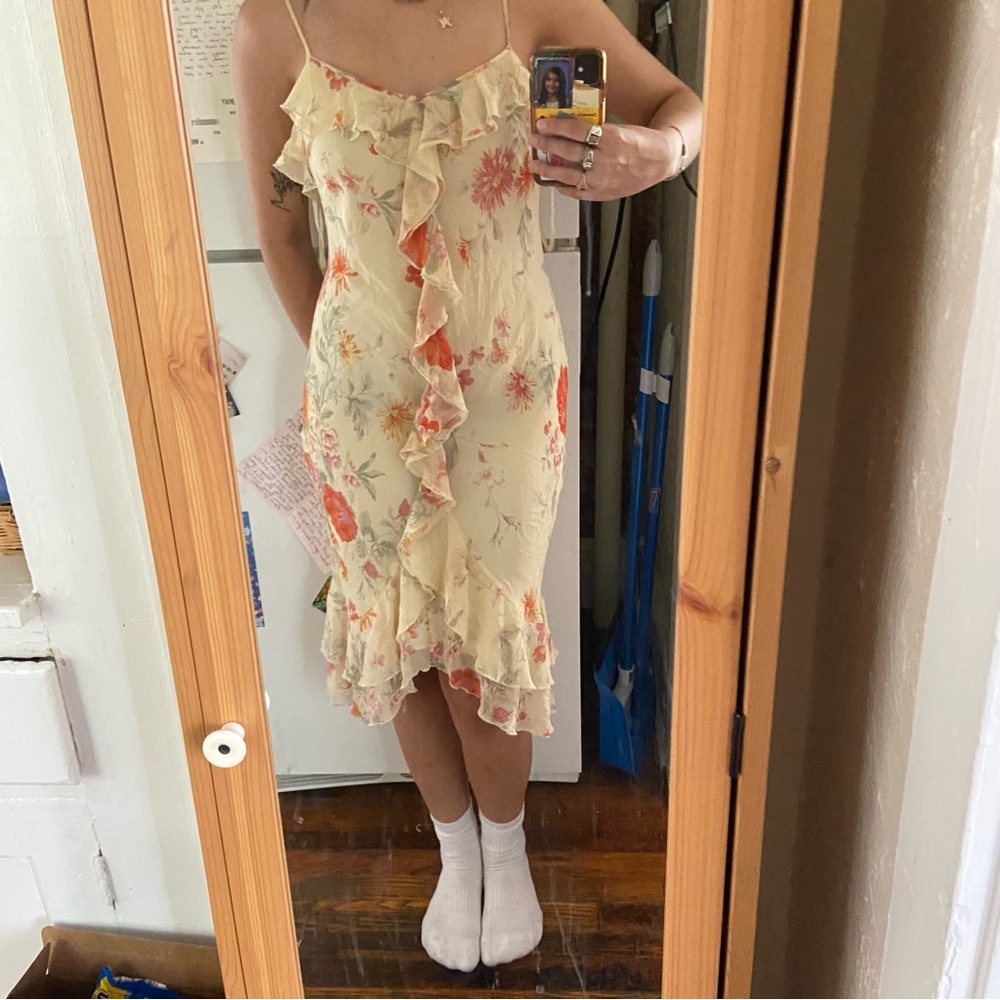 Vintage silk express yellow floral flowy lightweight summer midi dress